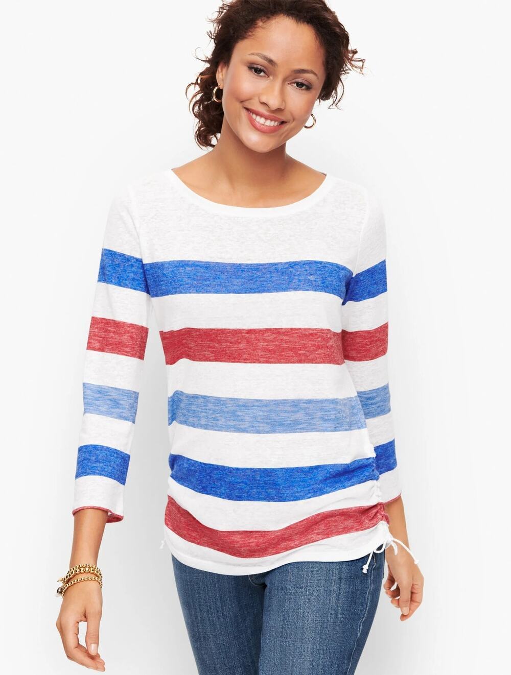 Talbots Side Tie Bateau Neck Stripe Tee Womens MP Blue Red Linen Blend Knit Top